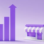 Minimal storefront model and rising bar chart graph on purple background. Business owner and Startup entrepreneur concept. 3D illustration rendering